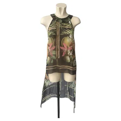 Pre-owned Miu Miu Asymmetrical Silk Top With Tropical Print And Draped Tail In Gray