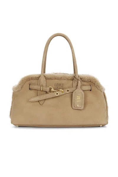 Miu Miu Aventure Camoscio Shearling Bag In Neutral