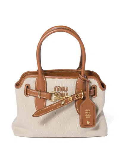 Miu Miu Aventure Canvas And Leather Bag In Neutral