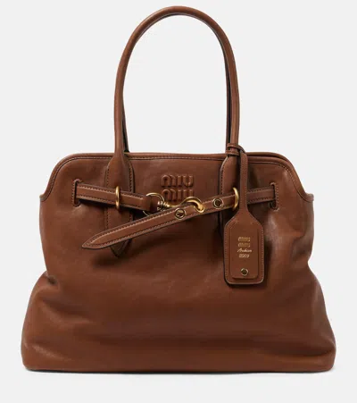 Miu Miu Aventure Large Leather Tote Bag In Brown