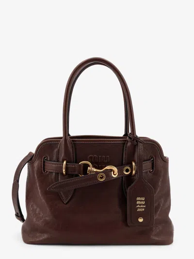 Miu Miu Aventure Leather Handbag With Embossed Lettering Logo In Brown