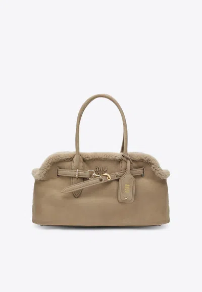 Miu Miu Aventure Suede Shearling Top Handle Bag In Brown