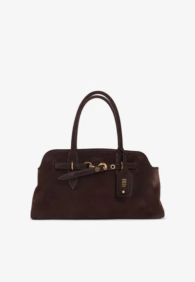 Miu Miu Aventure Suede Shoulder Bag In Brown