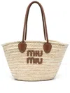Miu Miu Logo-patch Raffia Tote Bag In Brown