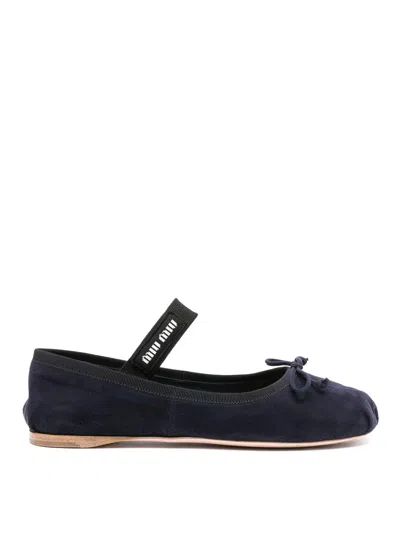 Miu Miu Suede Logo Ballet Flats In Blue