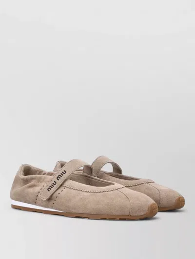 Miu Miu Ballerina Shoes Round Toe Suede Stitch In Neutral