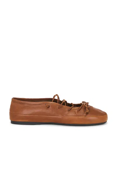 Miu Miu Leather Ballerina Shoes Flat Sole Round Toe In Brown