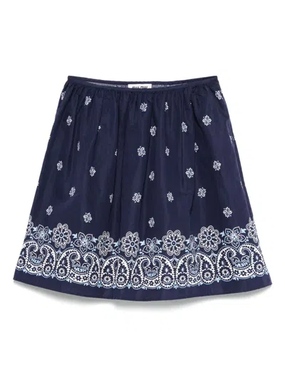Miu Miu Floral Bordered Gathered Skirt In Blue
