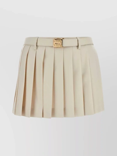 Miu Miu Wool Pleated Mini Skirt With Belted Waist In Neutral