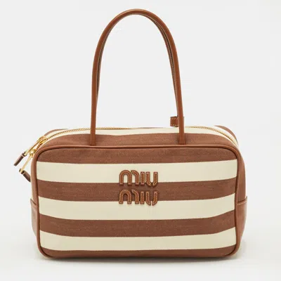 Pre-owned Miu Miu Beau Brown/off White Stripe Canvas And Leather Satchel
