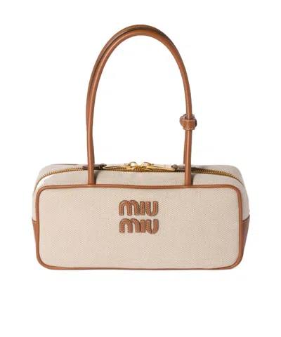 Miu Miu Beau Canvas And Leather Bag In Brown