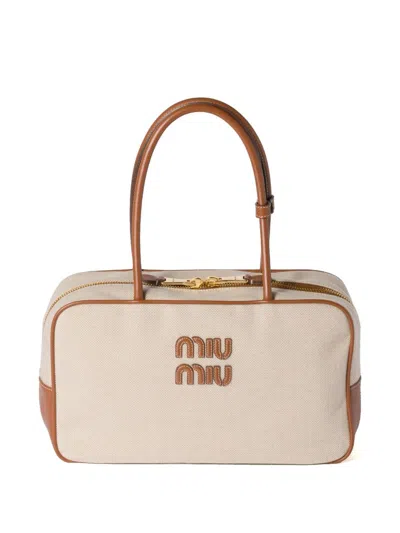 Miu Miu Beau Canvas And Leather Handbag In Nude