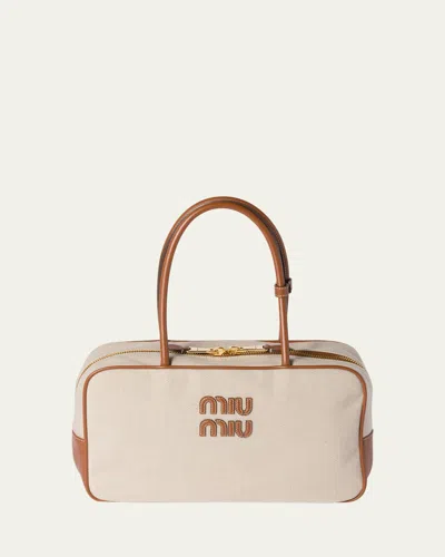 Miu Miu Beau Canvas Shoulder Bag In Beige/brandy