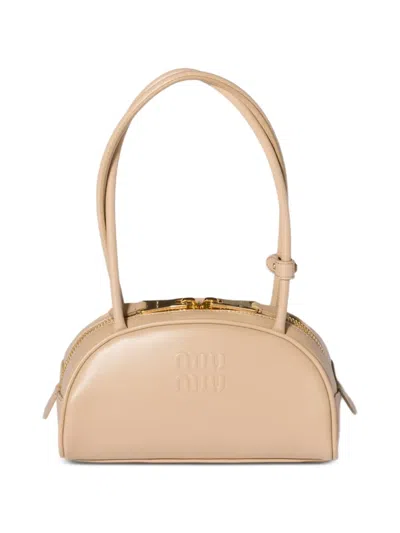 Miu Miu Beau Embossed-logo Leather Shoulder Bag In Nude