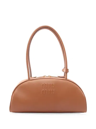 Pre-owned Miu Miu Beau Embossed-logo Tote Bag In Brown