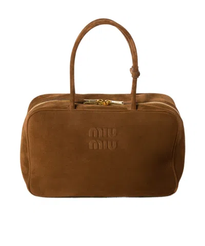 Miu Miu Beau Logo-debossed Suede Bag In Brown