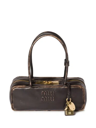 Miu Miu Beau Logo-embossed Tote Bag In Brown