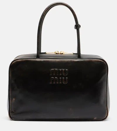 Miu Miu Beau Leather Tote Bag In Brown