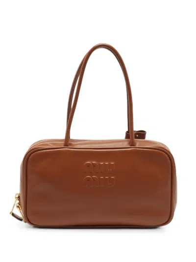 Pre-owned Miu Miu Beau Medium Leather Tote Bag In Brown