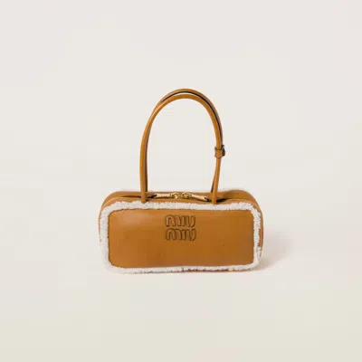 Miu Miu Arcadie Shearling Top-handle Bag In Cognac/natural