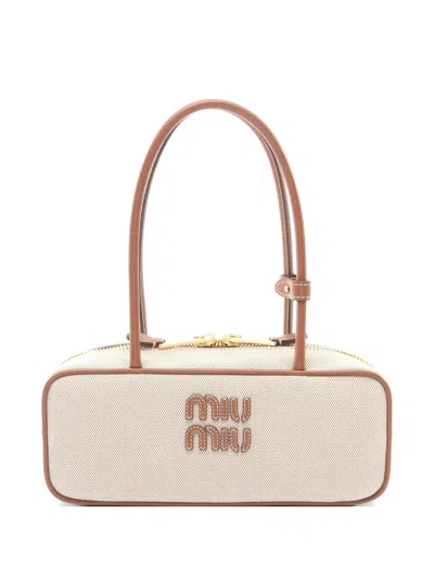 Pre-owned Miu Miu Beau Small Canvas And Leather Shoulder Bag In Neutral