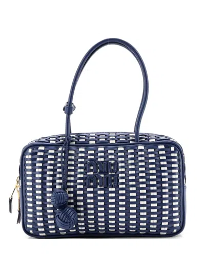 Pre-owned Miu Miu Beau Top Handle Bag Woven Leather Large Satchel In Blue