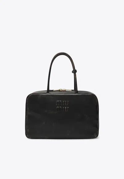 Miu Miu Beau Vintage Leather Logo Shoulder Bag In Brown