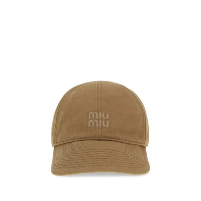 Miu Miu Cotton Baseball Cap In Brown