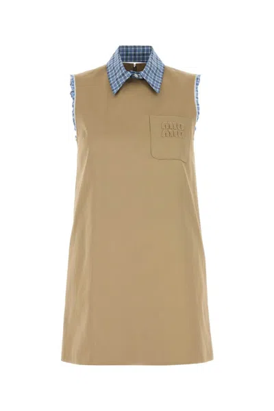 Miu Miu Beige Cotton Dress In Brown