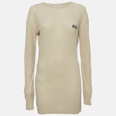 Pre-owned Miu Miu Beige Cotton Knit Logo-patch Mini Dress Xs