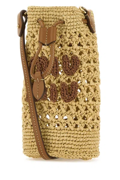 Miu Miu Beige Crochet Bucket Bag In Naturalecognac