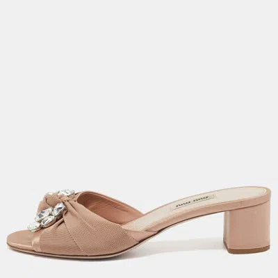 Pre-owned Miu Miu Beige Fabric Crystal Embellished Slide Sandals Size 38.5