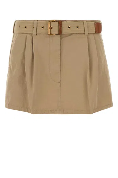 Miu Miu Gabardine Mini Skirt Belted Waist Buttons Pleats In Brown