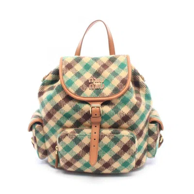 Pre-owned Miu Miu Beige Green Multi-color Wool Leather Backpack Handbag () In Beige, Green, Multi-color