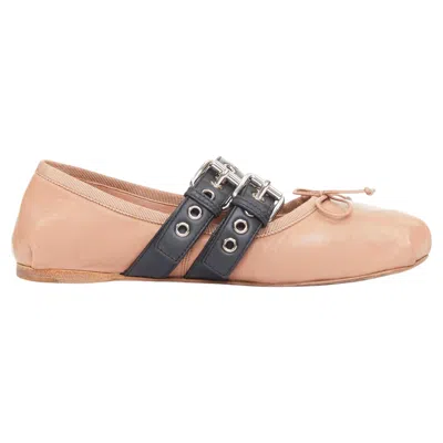 Pre-owned Miu Miu Beige Leather Double Black Buckle Punk Strap Ballet Flats Eu37.5