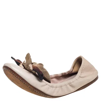 Pre-owned Miu Miu Beige Leather Embellished Flats Size 38