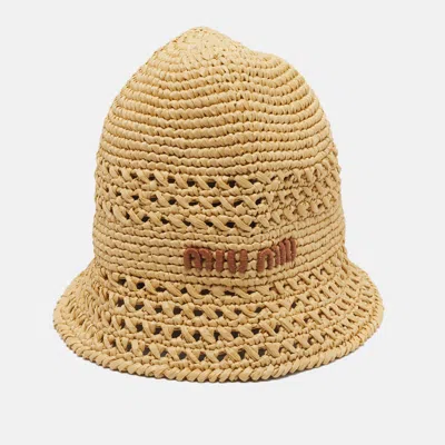 Pre-owned Miu Miu Beige Logo Detail Crochet Raffia Bucket Hat M