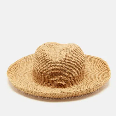 Pre-owned Miu Miu Beige Logo Embroidered Raffia Straw Hat Size 57 In Sand