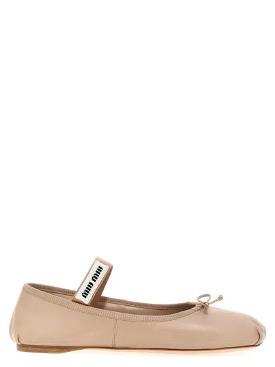 Miu Miu Beige Logo Leather Ballet Flats