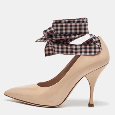 Pre-owned Miu Miu Beige Patent Leather Ankle Wrap Pointed Toe Pumps Size 36
