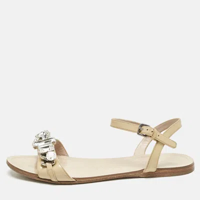 Pre-owned Miu Miu Beige Patent Leather Cipraia Crystal Ankle Strap Flat Sandals Size 37.5