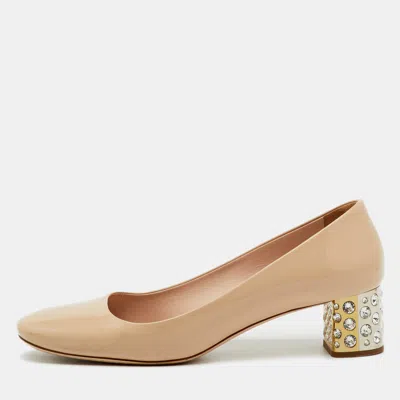 Pre-owned Miu Miu Beige Patent Leather Crystal Embellished Block Heel Pumps Size 40 In Sand