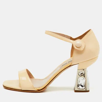 Pre-owned Miu Miu Beige Patent Leather Crystal Embellished Heel Ankle Strap Sandals Size 38