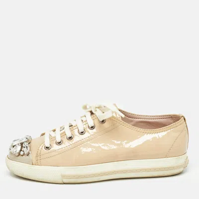 Pre-owned Miu Miu Beige Patent Leather Crystal Embellished Lace Up Sneakers Size 36