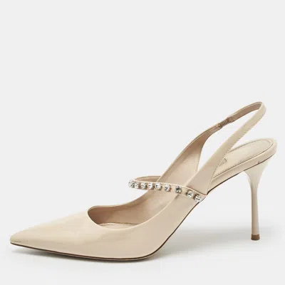 Pre-owned Miu Miu Beige Patent Leather Crystal Embellished Slingback Pump Size 40 In Sand