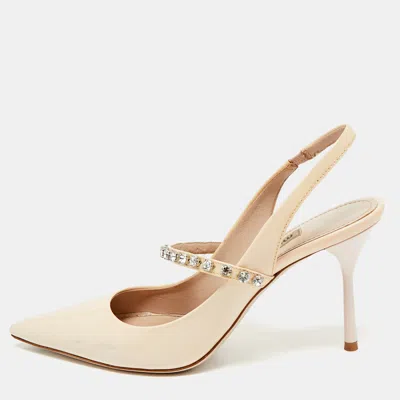 Pre-owned Miu Miu Beige Patent Leather Crystals Embellished Slingback Pointed Toe Pumps Size 37 In White