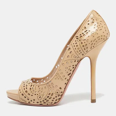 Pre-owned Miu Miu Beige Patent Leather Laser Cut Peep Toe Pumps Size 37.5 In Sand