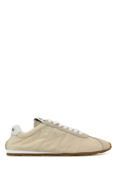 MIU MIU WOMEN BEIGE PLUME SUEDE SNEAKERS, 3.5 LUXURY SNEAKERS FOR WOMEN DARVEYS
