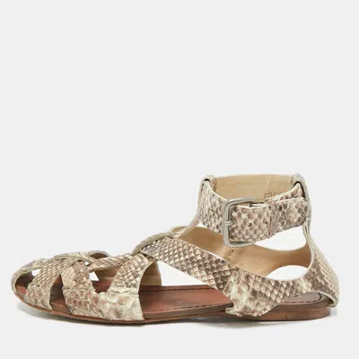 Pre-owned Miu Miu Beige Python Leather Ankle Strap Flat Sandals Size 38.5