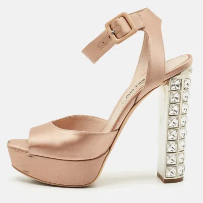 Pre-owned Miu Miu Beige Satin Crystal Embellished Block Heel Ankle Strap Platform Sandals Size 38.5